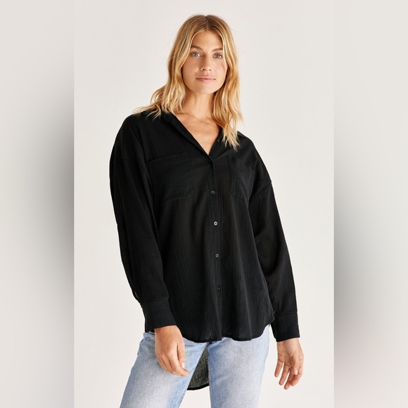 Z Supply Midnight Black Lalo Gauze Button Front Shirt - Picture 3 of 11